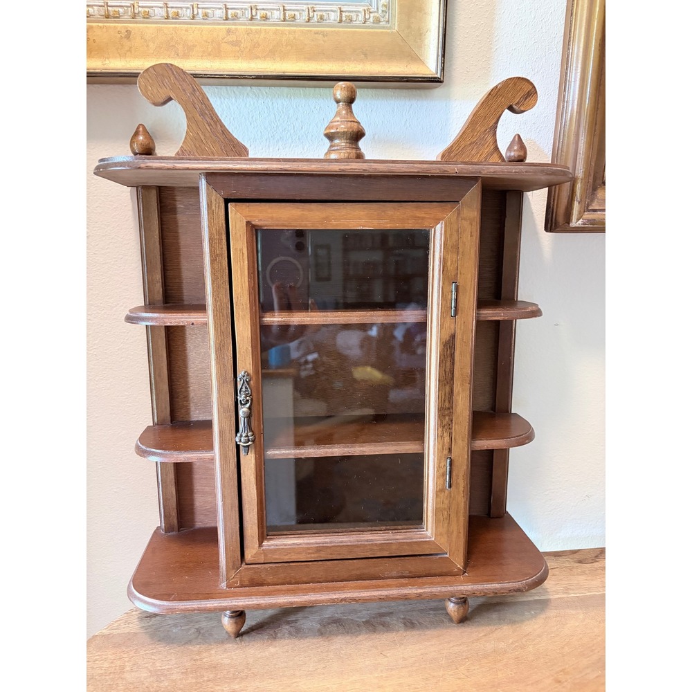 Vintage Wood Wall Curio Cabinet Glass Door Miniature Trinket Display Shelf